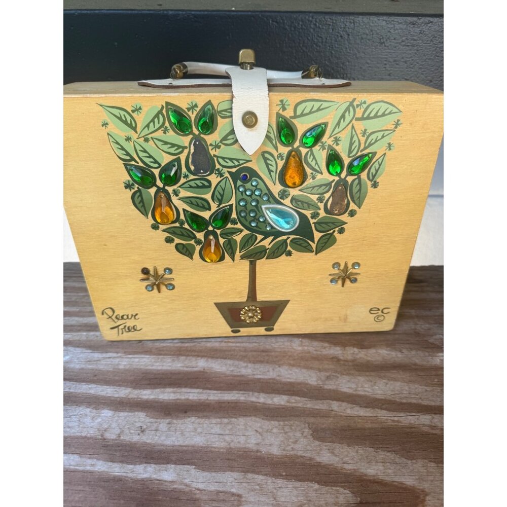 Enid Collins Pear Tree Wooden Box Purse With Jeweled Inlay Plastic Handle
